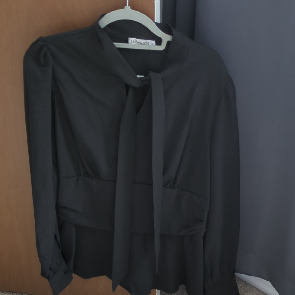 Grace Karin Classic Black Blouse with Tie